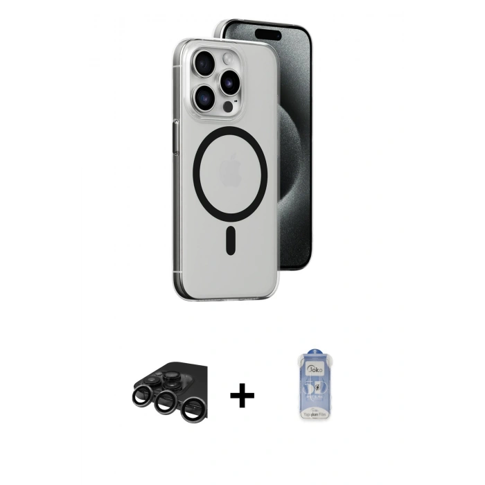 MARSİLYAN™- iPhone 15 Pro Kılıf Odak Form Özel Seri - Siyah Joko Magic 5D Cam + Titanyum Gri Raze Metal Kamera Lens