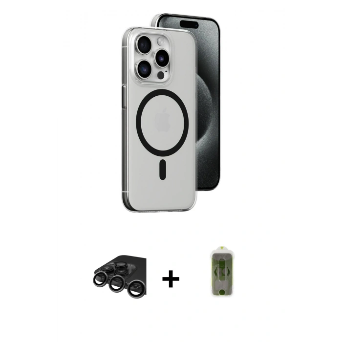 MARSİLYAN™- iPhone 15 Pro Kılıf Odak Form Özel Seri - Siyah Joko Magic 5D Hayalet Cam + Raze Metal Kamera Lens - TMGI