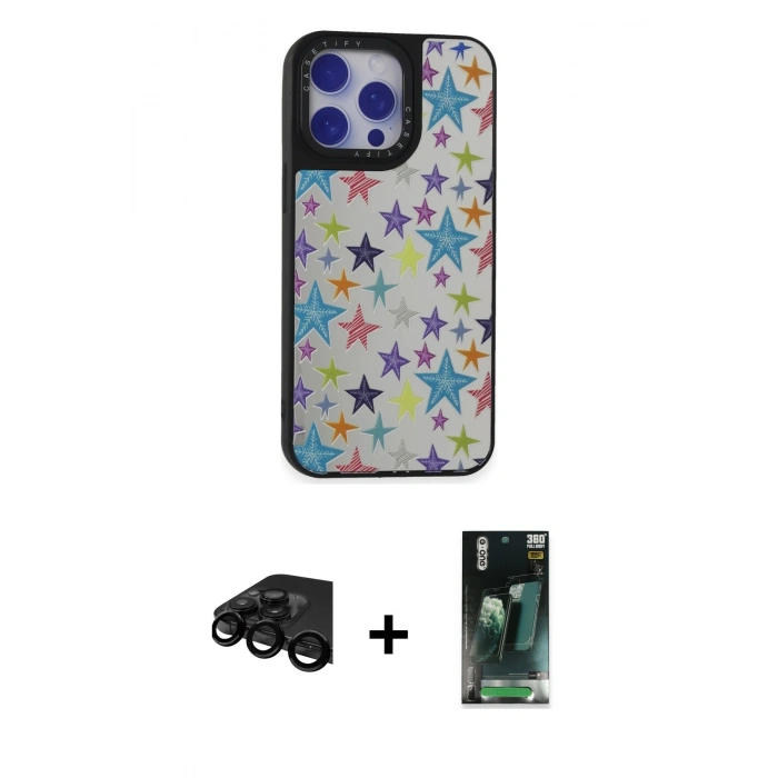 MARSİLYAN™- iPhone 15 Pro Kılıf Odak Klasik Serisi - Şeffaf 360 Full Body Arka Koruyucu + Raze Metal Kamera Lens - SH