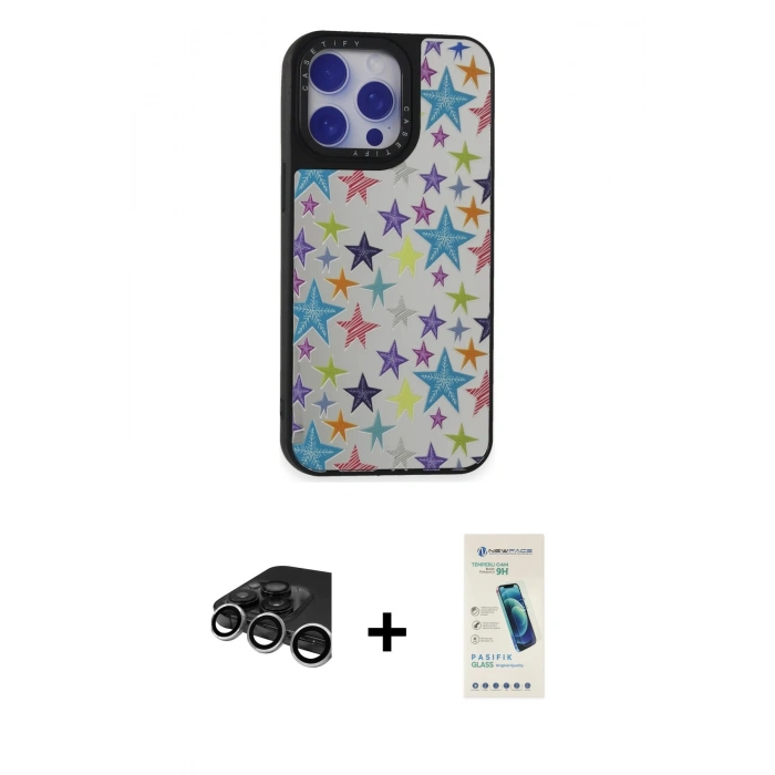 MARSİLYAN™- iPhone 15 Pro Kılıf Odak Klasik Serisi - Şeffaf Pasifik Cam Ekran Koruyucu + Raze Metal Kamera Lens - GS