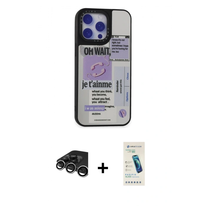 MARSİLYAN™- iPhone 15 Pro Kılıf Odak Klasik Serisi - Şeffaf Pasifik Cam Ekran Koruyucu + Raze Metal Kamera Lens - GS