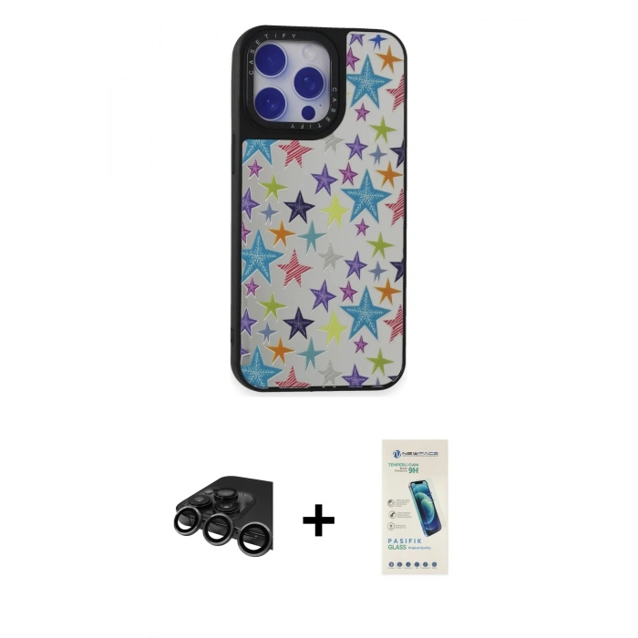 MARSİLYAN™- iPhone 15 Pro Kılıf Odak Klasik Serisi - Şeffaf Pasifik Cam Ekran Koruyucu + Raze Metal Kamera Lens - TMGI