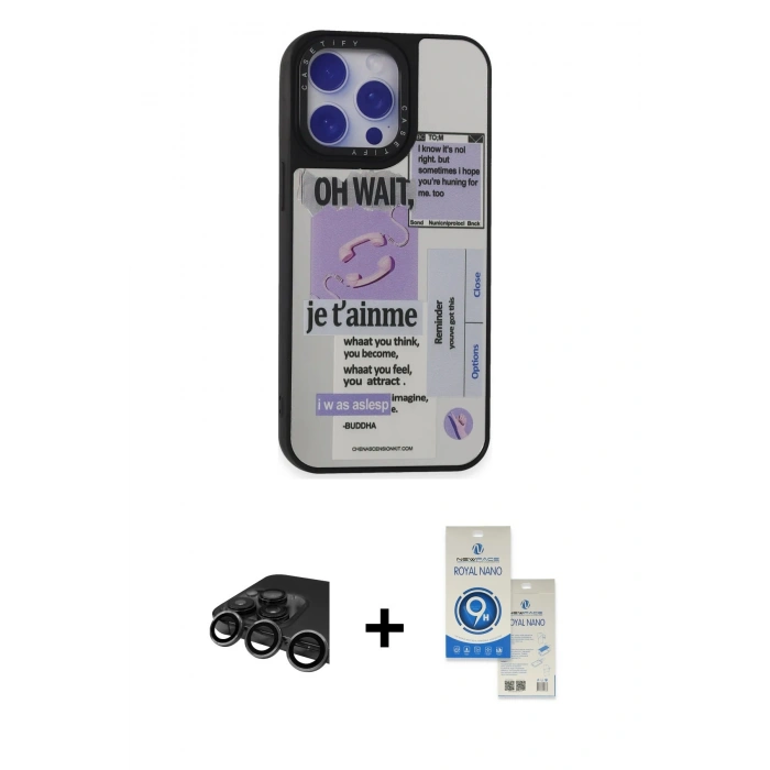 MARSİLYAN™- iPhone 15 Pro Kılıf Odak Klasik Serisi - Şeffaf Royal Nano Ekran Koruyucu + Raze Metal Kamera Lens - TMGI