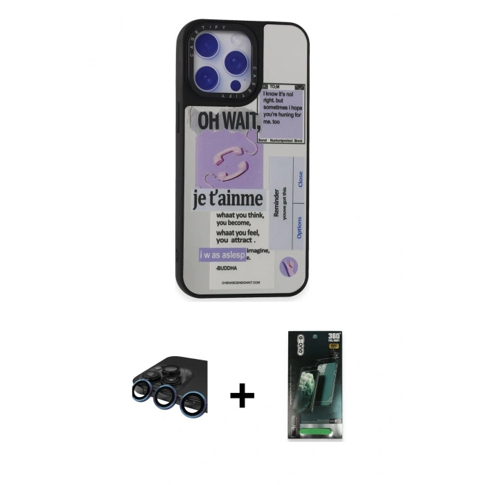 MARSİLYAN™- iPhone 15 Pro Kılıf Odak Klasik Serisi - Siyah 360 Mat Full Body Arka Koruyucu + Raze Metal Kamera Lens - LT