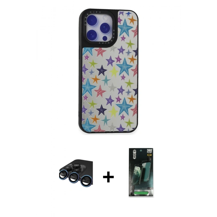 MARSİLYAN™- iPhone 15 Pro Kılıf Odak Klasik Serisi - Siyah 360 Mat Full Body Arka Koruyucu + Raze Metal Kamera Lens - LT