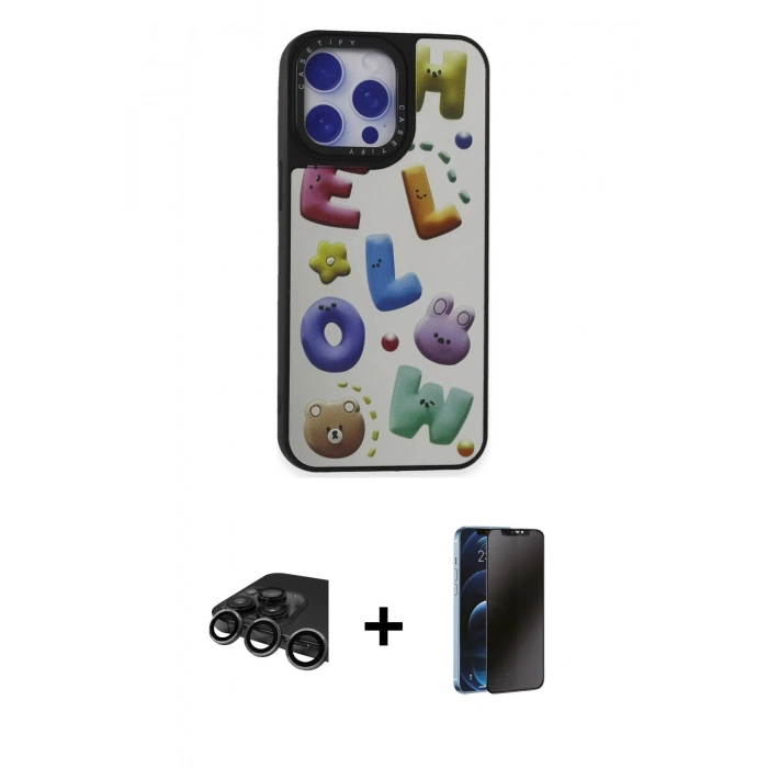 MARSİLYAN™- iPhone 15 Pro Kılıf Odak Klasik Serisi - Siyah 3D Antistatik Hayalet Cam Ekran Koruyucu + Raze Metal Kamera Lens - TMGI