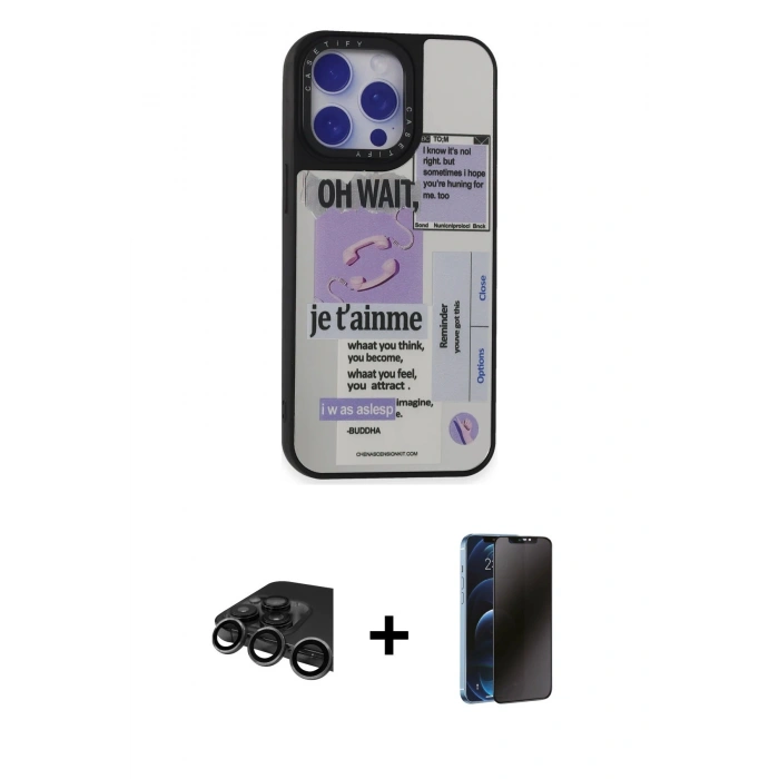 MARSİLYAN™- iPhone 15 Pro Kılıf Odak Klasik Serisi - Siyah 3D Antistatik Hayalet Cam Ekran Koruyucu + Raze Metal Kamera Lens - TMGI