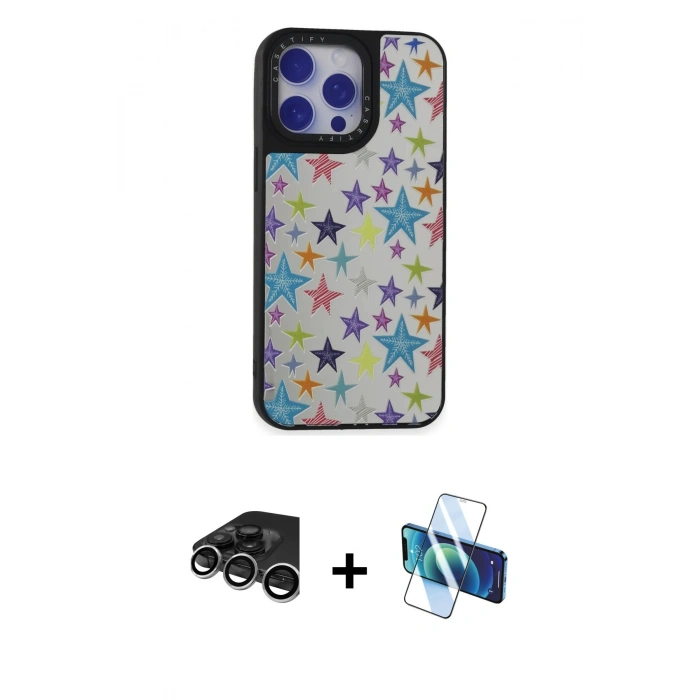 MARSİLYAN™- iPhone 15 Pro Kılıf Odak Klasik Serisi - Siyah 3D Antistatik Seramik Nano Ekran Koruyucu + Raze Metal Kamera Lens - GS