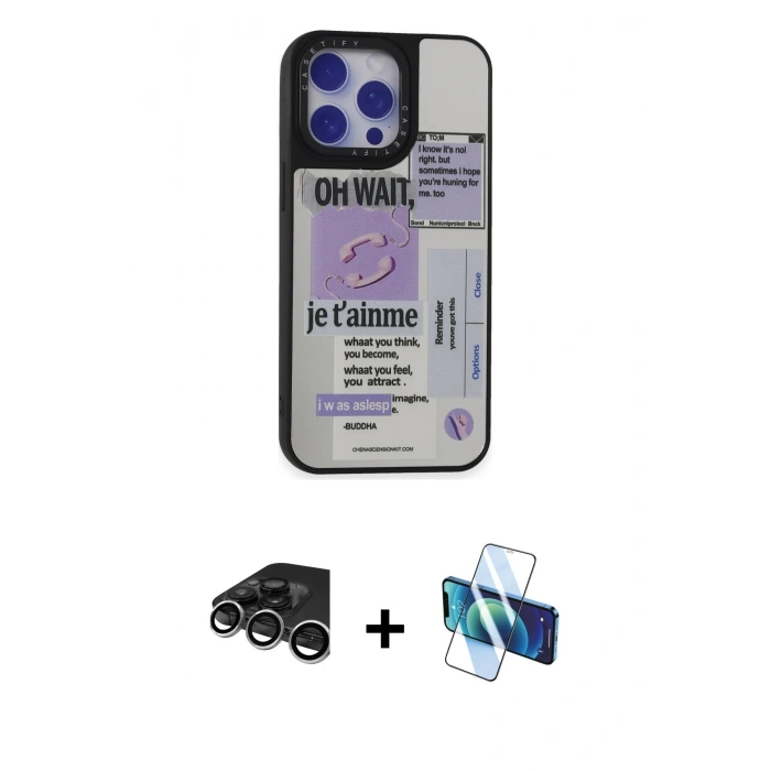 MARSİLYAN™- iPhone 15 Pro Kılıf Odak Klasik Serisi - Siyah 3D Antistatik Seramik Nano Ekran Koruyucu + Raze Metal Kamera Lens - GS
