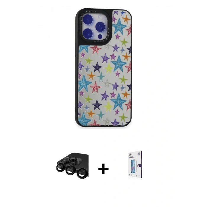 MARSİLYAN™- iPhone 15 Pro Kılıf Odak Klasik Serisi - Siyah Bilvis 0.18mm Plus Cam Ekran Koruyucu + Siyah Raze Metal Kamera Lens