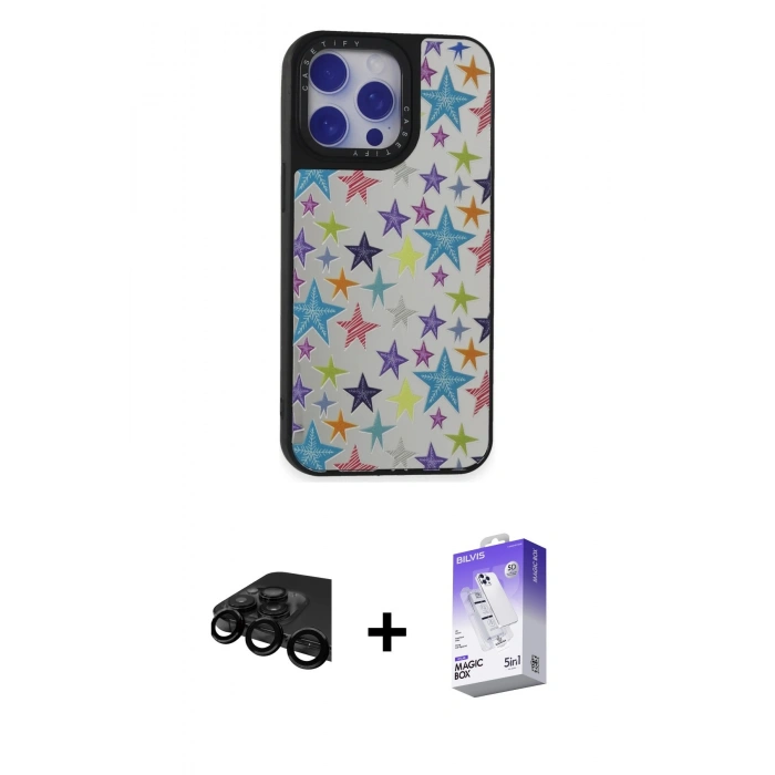 MARSİLYAN™- iPhone 15 Pro Kılıf Odak Klasik Serisi - Siyah Bilvis 5in1 3D Magic Cam Ekran Koruyucu + Raze Metal Kamera Lens - SH