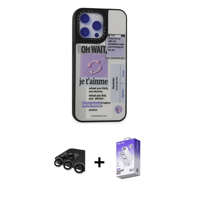 MARSİLYAN™- iPhone 15 Pro Kılıf Odak Klasik Serisi - Siyah Bilvis 5in1 3D Magic Cam Ekran Koruyucu + Titanyum Gri Raze Metal Kamera Lens