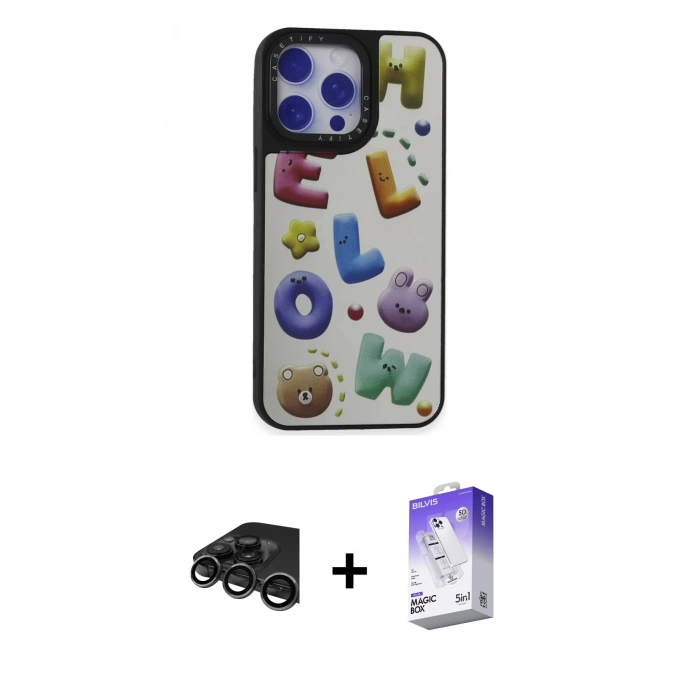 MARSİLYAN™- iPhone 15 Pro Kılıf Odak Klasik Serisi - Siyah Bilvis 5in1 3D Magic Cam Ekran Koruyucu + Titanyum Gri Raze Metal Kamera Lens
