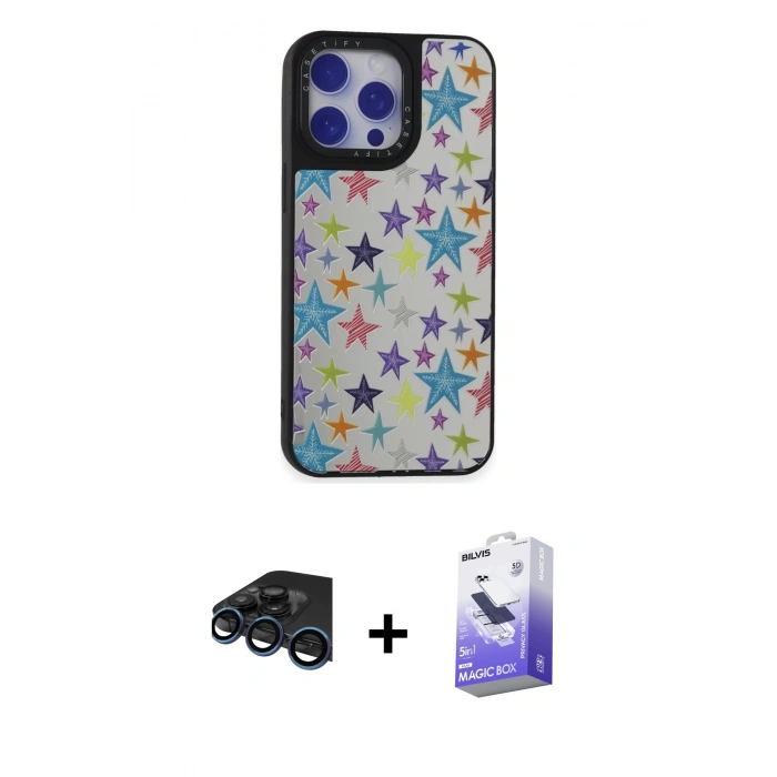 MARSİLYAN™- iPhone 15 Pro Kılıf Odak Klasik Serisi - Siyah Bilvis 5in1 5D Magic Hayalet Cam Ekran Koruyucu + Raze Metal Kamera Lens - LT