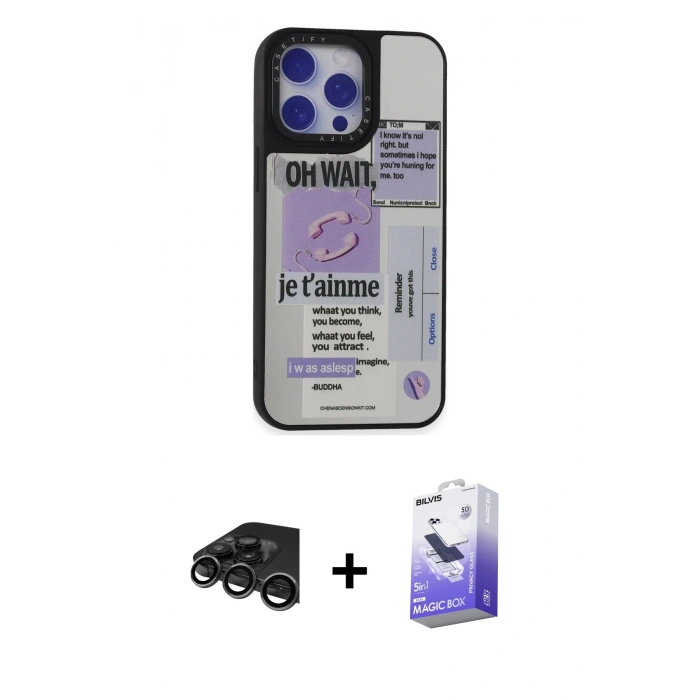 MARSİLYAN™- iPhone 15 Pro Kılıf Odak Klasik Serisi - Siyah Bilvis 5in1 5D Magic Hayalet Cam Ekran Koruyucu + Raze Metal Kamera Lens - TMGI