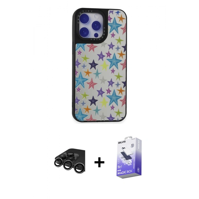 MARSİLYAN™- iPhone 15 Pro Kılıf Odak Klasik Serisi - Siyah Bilvis 5in1 5D Magic Hayalet Cam Ekran Koruyucu + Raze Metal Kamera Lens - TMGI