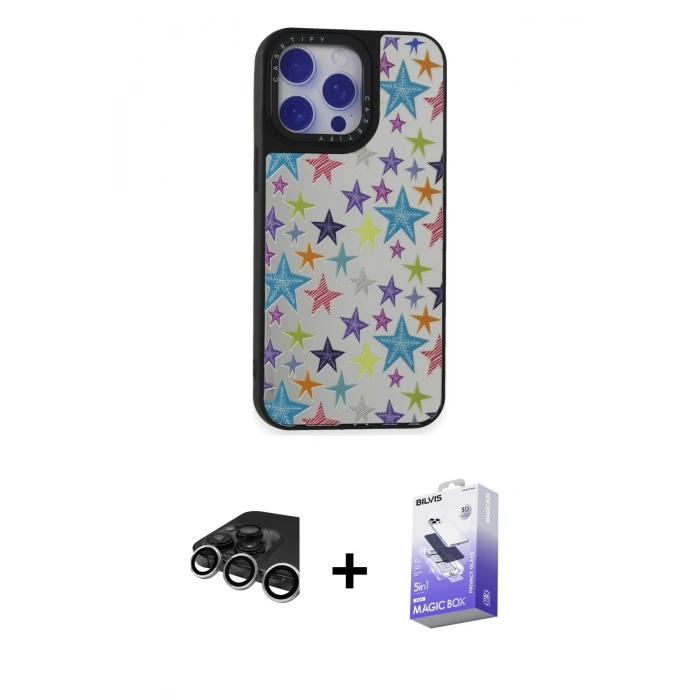 MARSİLYAN™- iPhone 15 Pro Kılıf Odak Klasik Serisi - Siyah Bilvis 5in1 5D Magic Hayalet Cam Ekran Koruyucu + Raze Metal Kamera Lens - GS