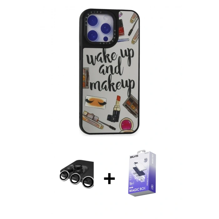 MARSİLYAN™- iPhone 15 Pro Kılıf Odak Klasik Serisi - Siyah Bilvis 5in1 5D Magic Hayalet Cam Ekran Koruyucu + Raze Metal Kamera Lens - GS