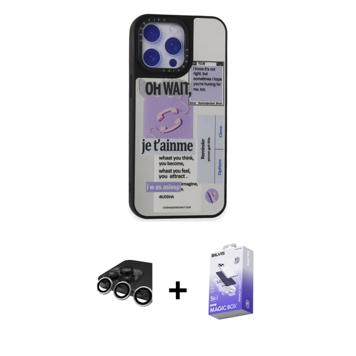 MARSİLYAN™- iPhone 15 Pro Kılıf Odak Klasik Serisi - Siyah Bilvis 5in1 5D Magic Hayalet Cam Ekran Koruyucu + Raze Metal Kamera Lens - GS