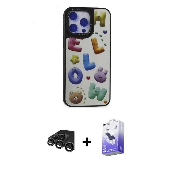 MARSİLYAN™- iPhone 15 Pro Kılıf Odak Klasik Serisi - Siyah Bilvis 5in1 5D Magic Hayalet Cam Ekran Koruyucu + Raze Metal Kamera Lens - TMGI