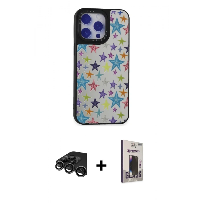 MARSİLYAN™- iPhone 15 Pro Kılıf Odak Klasik Serisi - Siyah Bilvis Hayalet Cam Ekran Koruyucu + Raze Metal Kamera Lens - TMGI