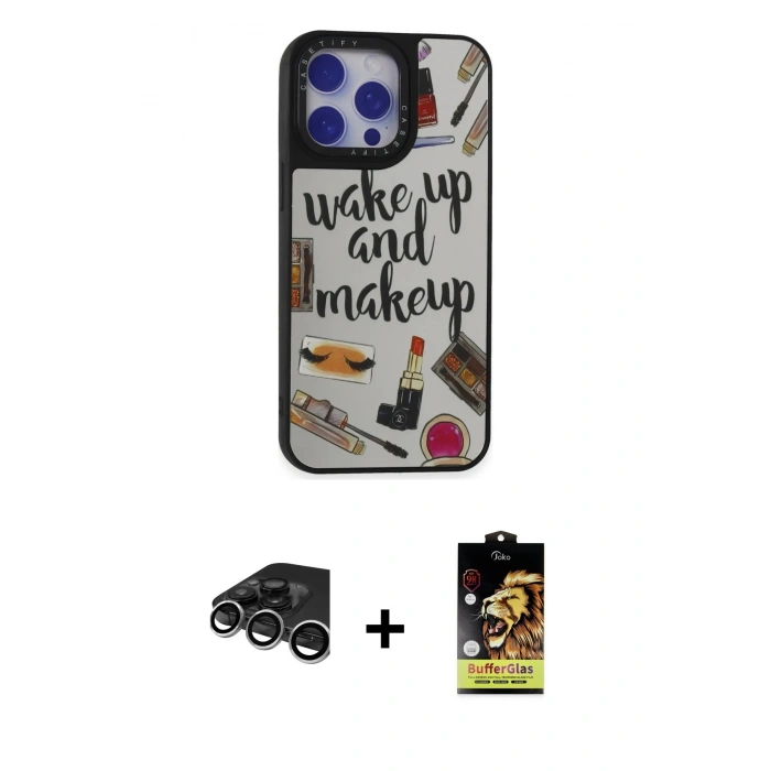 MARSİLYAN™- iPhone 15 Pro Kılıf Odak Klasik Serisi - Siyah Buffer Cam Ekran Koruyucu + Raze Metal Kamera Lens - GS
