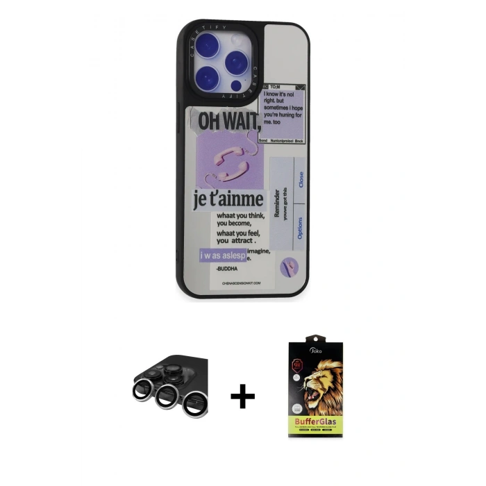 MARSİLYAN™- iPhone 15 Pro Kılıf Odak Klasik Serisi - Siyah Buffer Cam Ekran Koruyucu + Raze Metal Kamera Lens - GS