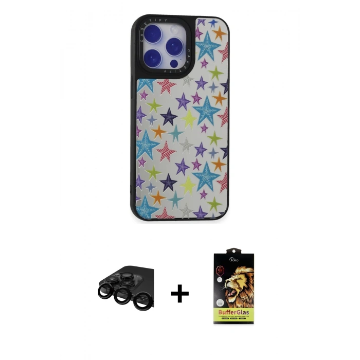 MARSİLYAN™- iPhone 15 Pro Kılıf Odak Klasik Serisi - Siyah Buffer Cam Ekran Koruyucu + Raze Metal Kamera Lens - SH