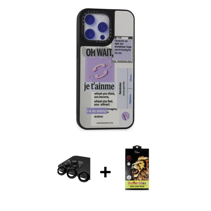 MARSİLYAN™- iPhone 15 Pro Kılıf Odak Klasik Serisi - Siyah Buffer Cam Ekran Koruyucu + Raze Metal Kamera Lens - SH