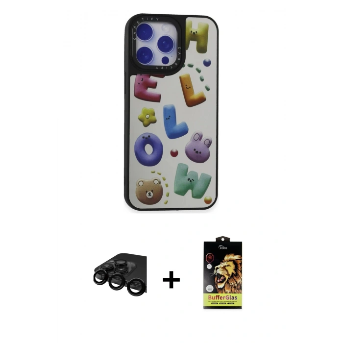 MARSİLYAN™- iPhone 15 Pro Kılıf Odak Klasik Serisi - Siyah Buffer Cam Ekran Koruyucu + Raze Metal Kamera Lens - SH