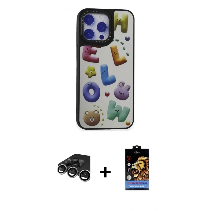 MARSİLYAN™- iPhone 15 Pro Kılıf Odak Klasik Serisi - Siyah Buffer Hayalet Cam Ekran Koruyucu + Gümüş Raze Metal Kamera Lens