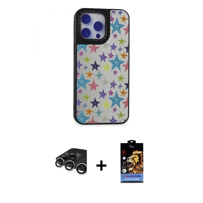 MARSİLYAN™- iPhone 15 Pro Kılıf Odak Klasik Serisi - Siyah Buffer Hayalet Cam Ekran Koruyucu + Gümüş Raze Metal Kamera Lens