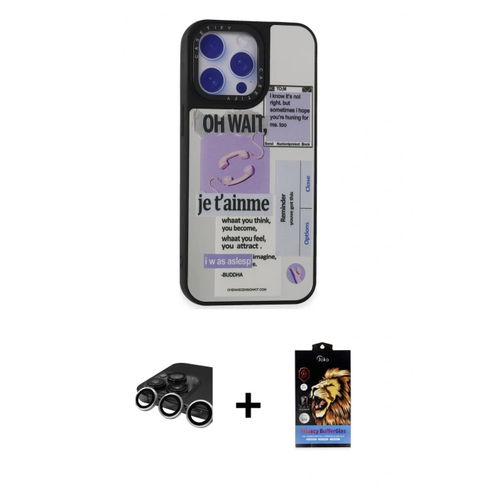 MARSİLYAN™- iPhone 15 Pro Kılıf Odak Klasik Serisi - Siyah Buffer Hayalet Cam Ekran Koruyucu + Gümüş Raze Metal Kamera Lens