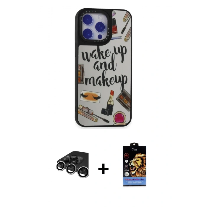 MARSİLYAN™- iPhone 15 Pro Kılıf Odak Klasik Serisi - Siyah Buffer Hayalet Cam Ekran Koruyucu + Gümüş Raze Metal Kamera Lens