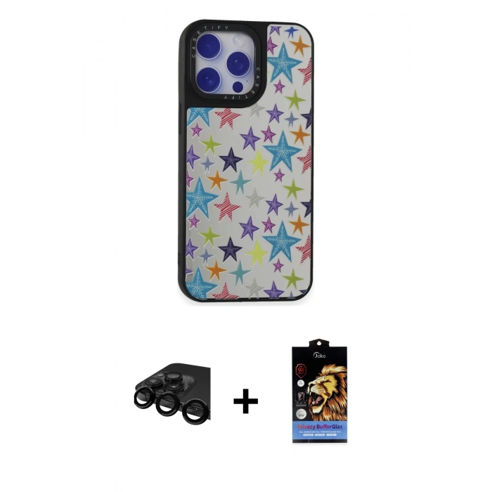 MARSİLYAN™- iPhone 15 Pro Kılıf Odak Klasik Serisi - Siyah Buffer Hayalet Cam Ekran Koruyucu + Siyah Raze Metal Kamera Lens