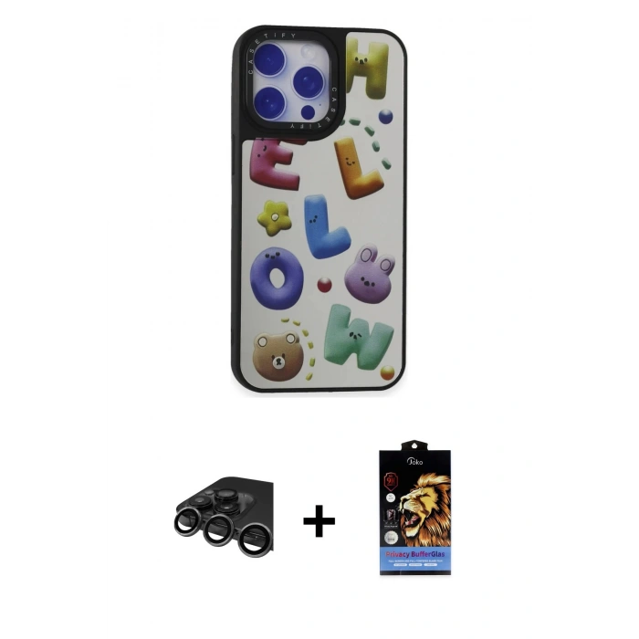 MARSİLYAN™- iPhone 15 Pro Kılıf Odak Klasik Serisi - Siyah Buffer Hayalet Cam Ekran Koruyucu + Raze Metal Kamera Lens - TMGI
