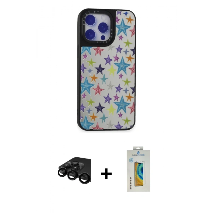 MARSİLYAN™- iPhone 15 Pro Kılıf Odak Klasik Serisi - Siyah Polymer Nano Ekran Koruyucu + Raze Metal Kamera Lens - SH