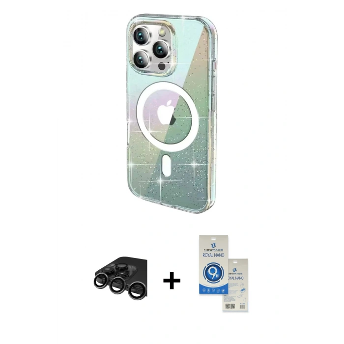 MARSİLYAN™- iPhone 15 Pro Kılıf Odak Modern Serisi - Şeffaf Royal Nano Ekran Koruyucu + Raze Metal Kamera Lens - TMGI