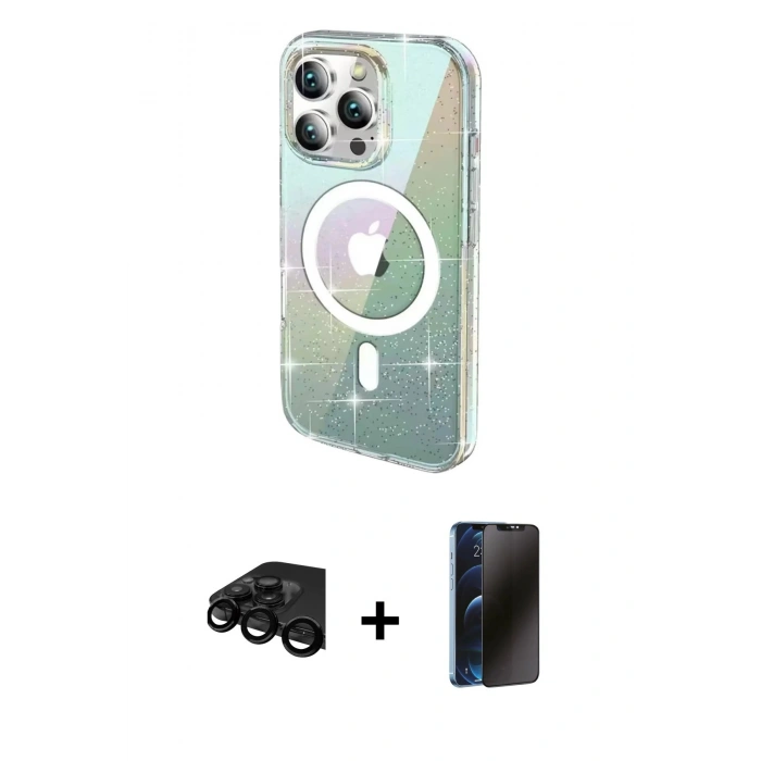MARSİLYAN™- iPhone 15 Pro Kılıf Odak Modern Serisi - Siyah 3D Antistatik Hayalet Cam Ekran Koruyucu + Raze Metal Kamera Lens - SH