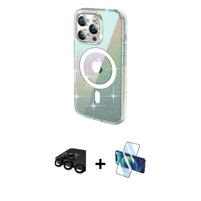 MARSİLYAN™- iPhone 15 Pro Kılıf Odak Modern Serisi - Siyah 3D Antistatik Seramik Nano Ekran Koruyucu + Raze Metal Kamera Lens - SH