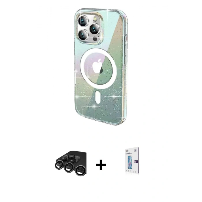 MARSİLYAN™- iPhone 15 Pro Kılıf Odak Modern Serisi - Siyah Bilvis 0.18mm Plus Cam Ekran Koruyucu + Raze Metal Kamera Lens - TMGI