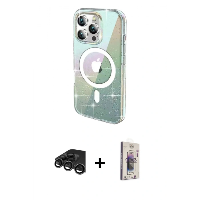 MARSİLYAN™- iPhone 15 Pro Kılıf Odak Modern Serisi - Siyah Bilvis 3D Cam Ekran Koruyucu + Raze Metal Kamera Lens - TMGI