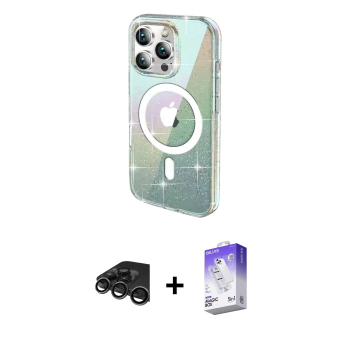 MARSİLYAN™- iPhone 15 Pro Kılıf Odak Modern Serisi - Siyah Bilvis 5in1 3D Magic Cam Ekran Koruyucu + Raze Metal Kamera Lens - TMGI