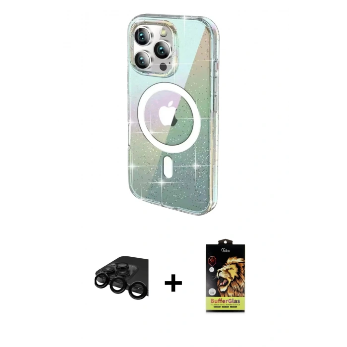 MARSİLYAN™- iPhone 15 Pro Kılıf Odak Modern Serisi - Siyah Buffer Cam Ekran Koruyucu + Raze Metal Kamera Lens - SH