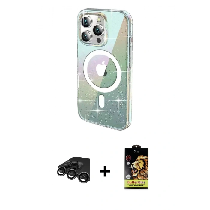 MARSİLYAN™- iPhone 15 Pro Kılıf Odak Modern Serisi - Siyah Buffer Cam Ekran Koruyucu + Raze Metal Kamera Lens - TMGI