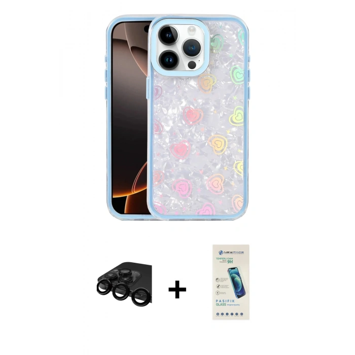 MARSİLYAN™- iPhone 15 Pro Kılıf Odak Prime - Şeffaf Pasifik Cam Ekran Koruyucu + Raze Metal Kamera Lens - SH