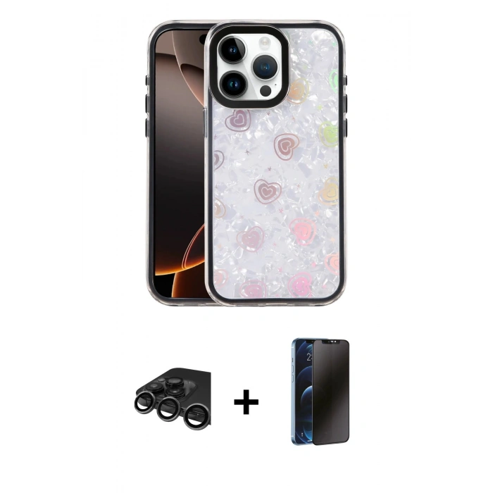 MARSİLYAN™- iPhone 15 Pro Kılıf Odak Prime - Siyah 3D Antistatik Hayalet Cam Ekran Koruyucu + Raze Metal Kamera Lens - TMGI