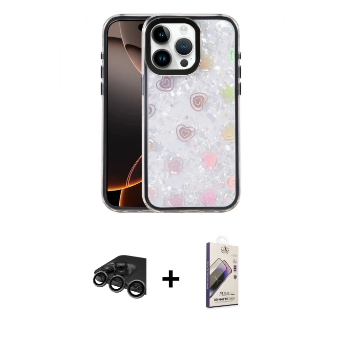 MARSİLYAN™- iPhone 15 Pro Kılıf Odak Prime - Siyah Bilvis 3D Mat Cam Ekran Koruyucu + Raze Metal Kamera Lens - TMGI