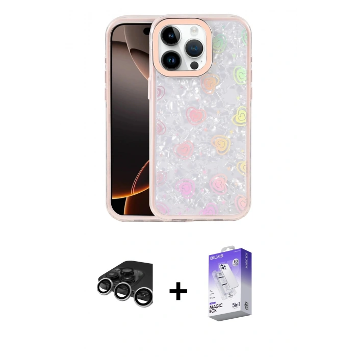 MARSİLYAN™- iPhone 15 Pro Kılıf Odak Prime - Siyah Bilvis 5in1 3D Magic Cam Ekran Koruyucu + Raze Metal Kamera Lens - GS