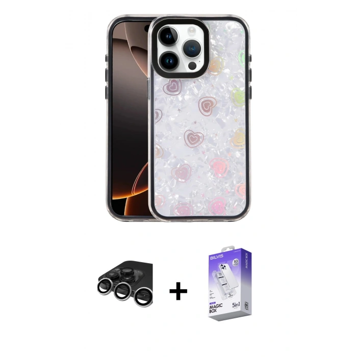 MARSİLYAN™- iPhone 15 Pro Kılıf Odak Prime - Siyah Bilvis 5in1 3D Magic Cam Ekran Koruyucu + Raze Metal Kamera Lens - GS